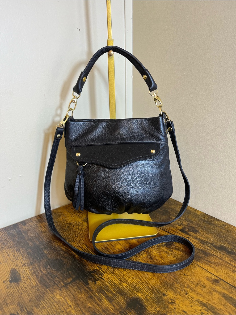 Pietro Alessandro Black Pebbled Leather Shoulder Bag with Tassel
